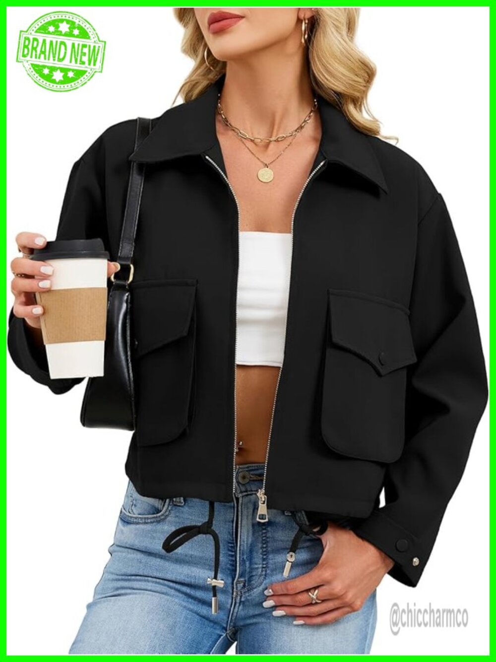 Cropped Zip Up Bomber Jacket Lightweight Utility Coat with Pockets